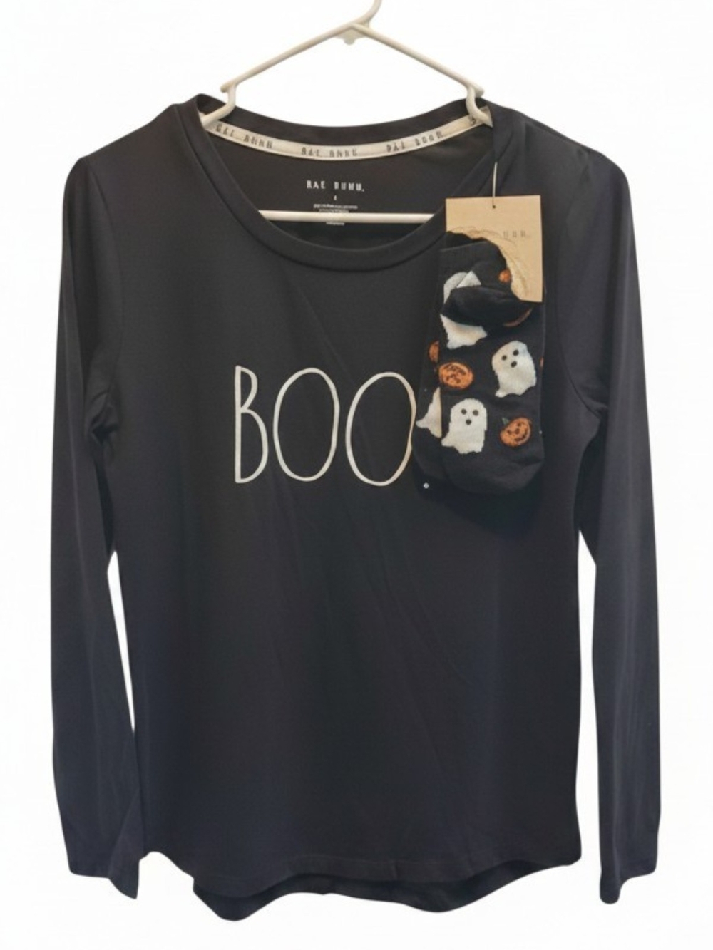 Rae Dunn Black Long-Sleeve Womens Tee with 'BOO' Graphic L NWOT